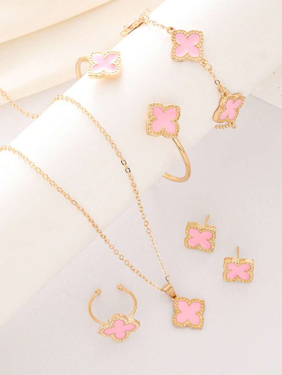 6 Pcs Four Leaf Clover Earring Necklace Bracelet Bangle Ring Jewelry Set For Women