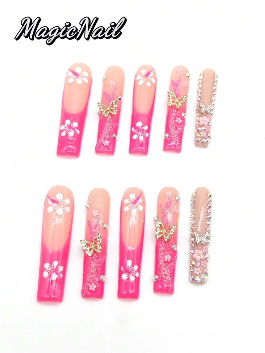10 Pieces Of Pure Hand-Pressed Wearing Nail, Press On Nails,55mm Long Nail Pieces, Flesh-Colored Red Contrast, Hand-Painted White Flowers, 3D Gold Butterfly Ornaments, 3D Pink Small Flower Embellishment, Red Glitter Pink Drawing Lines, Glitter Diamond Embellishment. Spring And Summer Style, Cute Nail Plate, Can Be Reused.