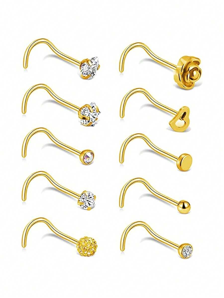 Set de 10 piezas Anillos de nariz elegantes y sexys de acero inoxidable con piedras de circonita cúbica sintética, estilo hip hop con pasadores para perforaciones corporales, para uso diario o fiestas para mujeres