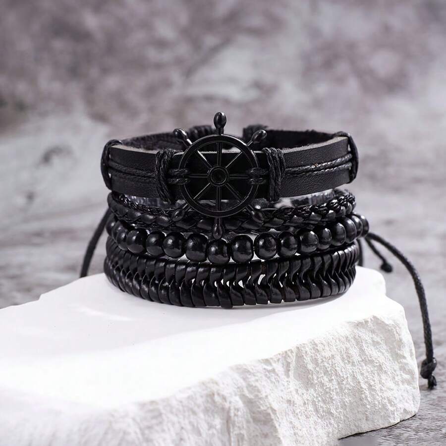 4pcs Boho Style Multi-Layer PU Leather & Wax Rope Braided Bracelet With Wooden Beads & Anchor Pendant, Adjustable Size