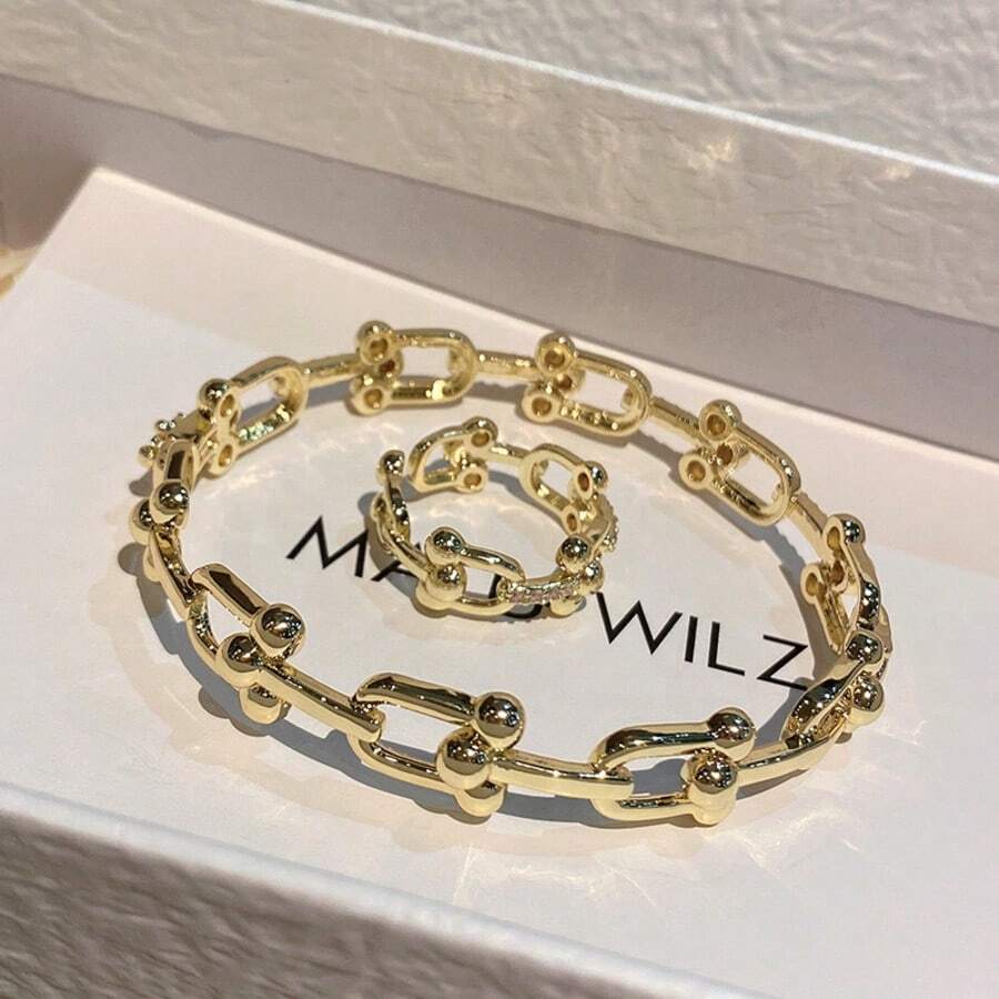 1 pièce Ensemble de bracelet à boucle en U en forme de 2 pièces et bague ouverte semi-ornée creuse, article populaire style européen et américain
