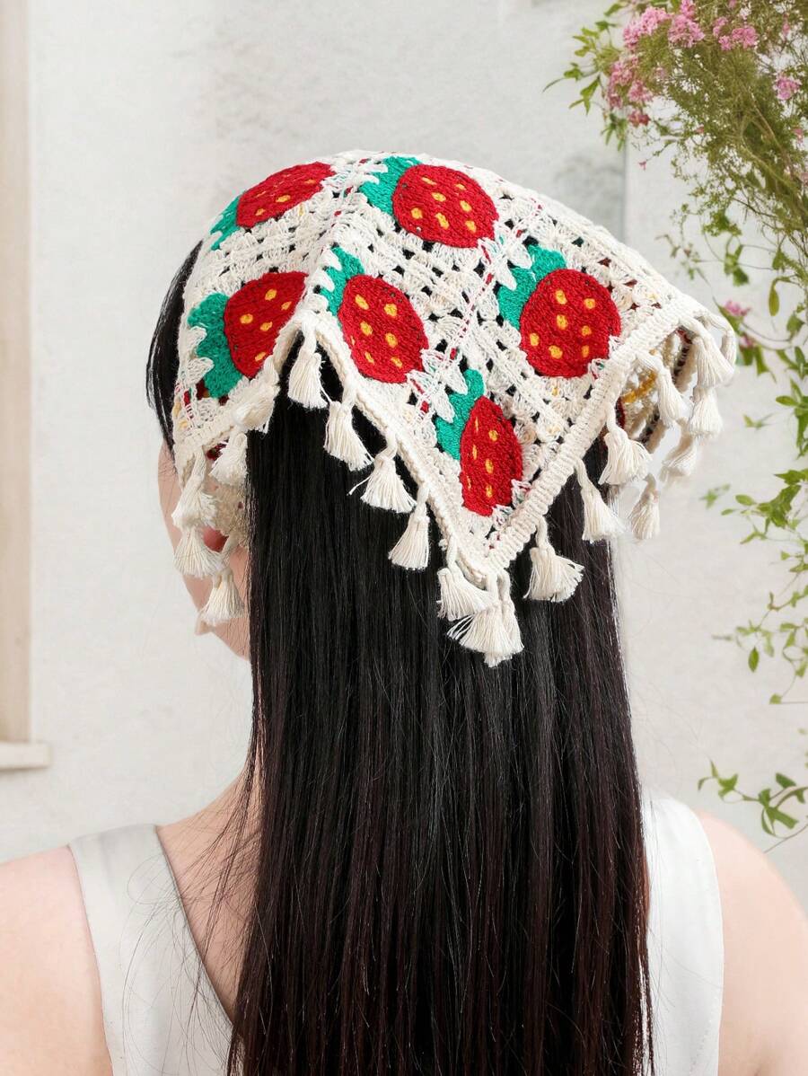 Women Bandana 1pc Women's Cream Floral Strawberry Tassel Knitted Hollow Lace Headband, Suitable For Daily Outfit, Sports, Beach Holiday Matching Fashion Hair Accessories