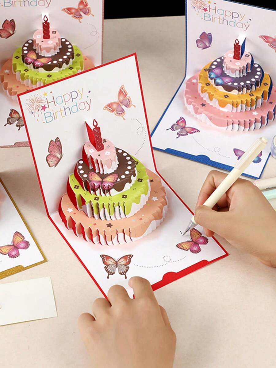 1pc Premium 3D Pop-Up Birthday Greeting Card With Envelope, Made Of Specialty Glitter Paper, Elegant Design, Professional Grade, Customizable, Offers English, German, French, Japanese, And Korean Writing Options, Suitable For Valentine's Day And Birthday, School Supplies,Back To School