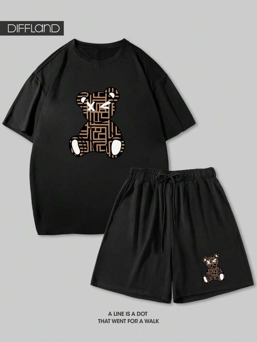 Men's Casual Bear Print Outfit – Short Sleeve Tee & Shorts Set For Daily Streetwear & Urban Fashion, Men's Fashion Two Pieces Set, Men's Bear Graphic Tracksuit