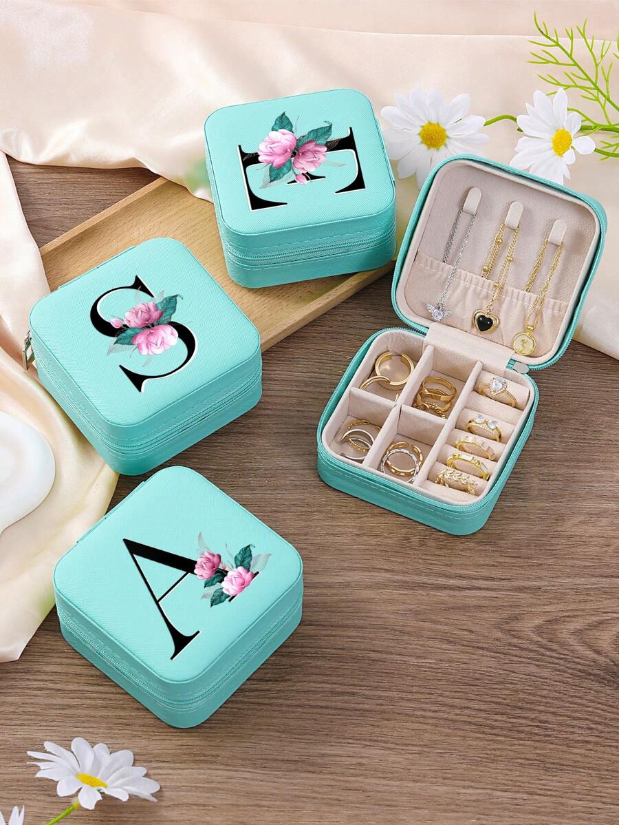 1 Caixa De Joias Floral, Caixa De Joias Verde, Caixa Compacta E Portátil Para Guardar Joias, Ideal Para Presentear Mãe, Amiga Ou Madrinha, Organizador De Bancada Com Forro De Veludo Para Anéis, Brincos E Colares - Leve