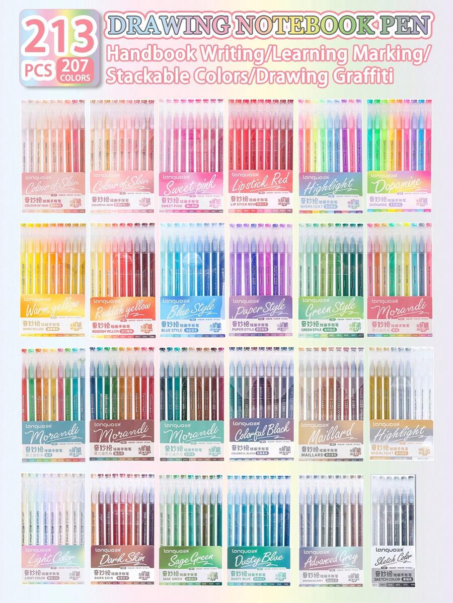 1 Set Of 207 Colors/213 Pcs Handbook Neutral Pen, Highly Attractive Ins Style High Capacity Morandi / Mori / Warm / Skin Color Flesh Tone / Fluorescent Handbook Pen, Students Highlighting Markers, Art Painting Anime Comics Special Color Markers Neutral Pens Can Be Stacked Color Girl Heart Drawing Water Pen