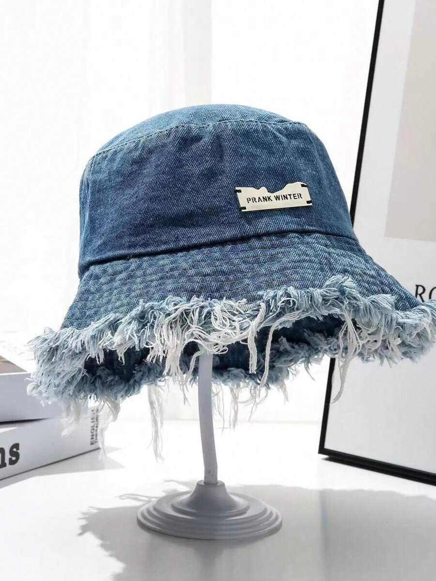 1 Peça Chapéu de Balde de Denim Lavado com Franjas Feminino, Adequado para uso diário, bom para combinar com o visual