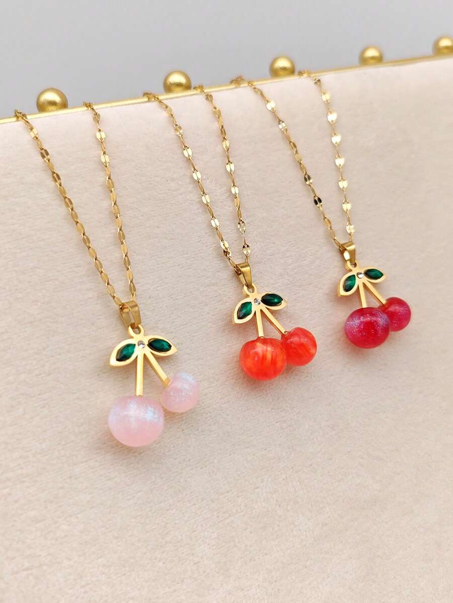 1 pièce Pendentif en acier inoxydable avec cerise rouge et zirconium, collier simple et polyvalent, cadeau pour femme