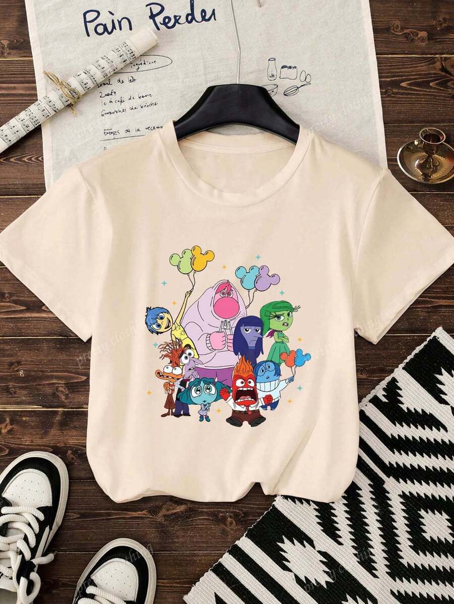 Disney Women's New Round Neck Short Sleeved Summer, Cartoon Character Pattern Printed Casual T-Shirt, Sweet And Gentle Temperament, Slim And Comfortable Summer Tops, Suitable For Daily Casual Wear, Graphic Tees Women,Vacation Outfits Women,Summer Outfits For Women 