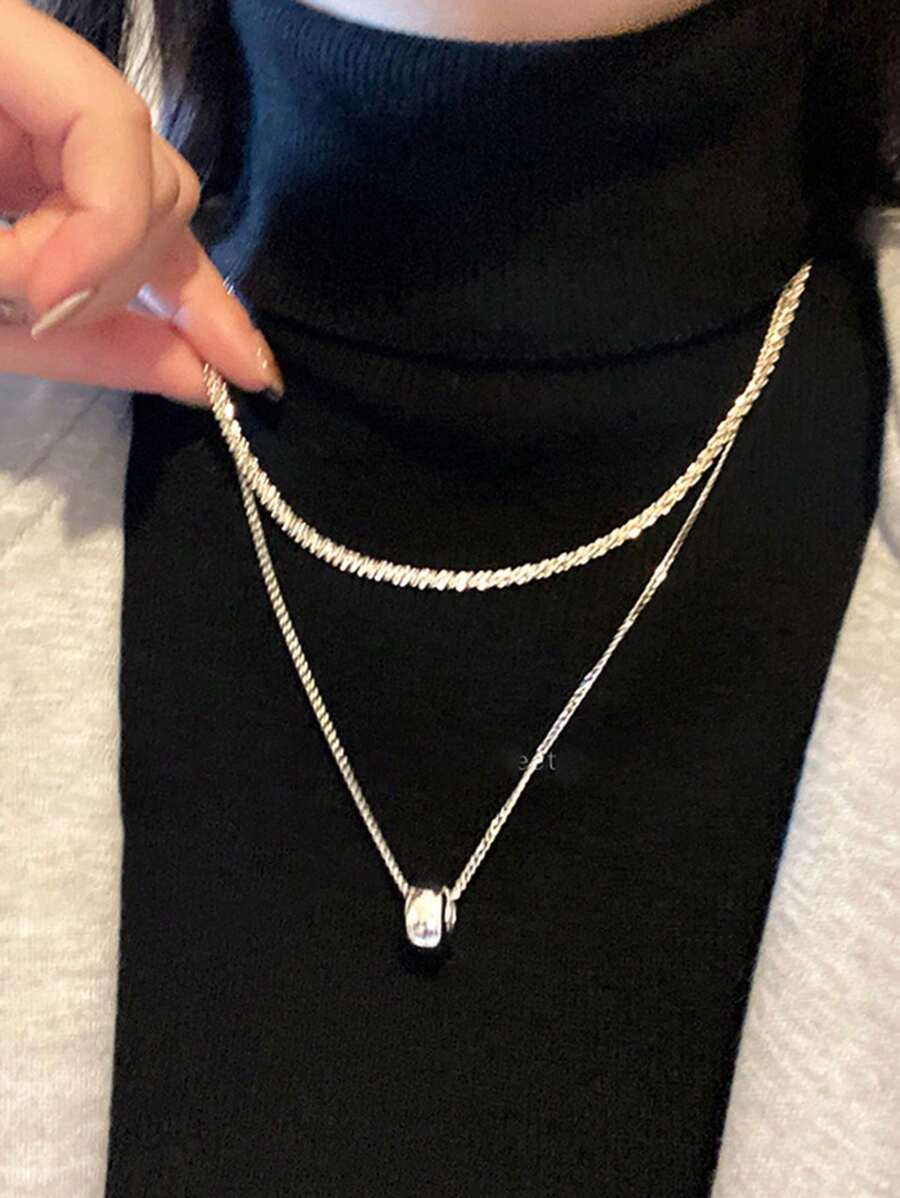 1 pieza de collar decorativo con doble capa de cuentas de acero de titanio y diseño de cintura de circonita cúbica, adecuado para que las mujeres lo usen con suéteres en otoño/invierno