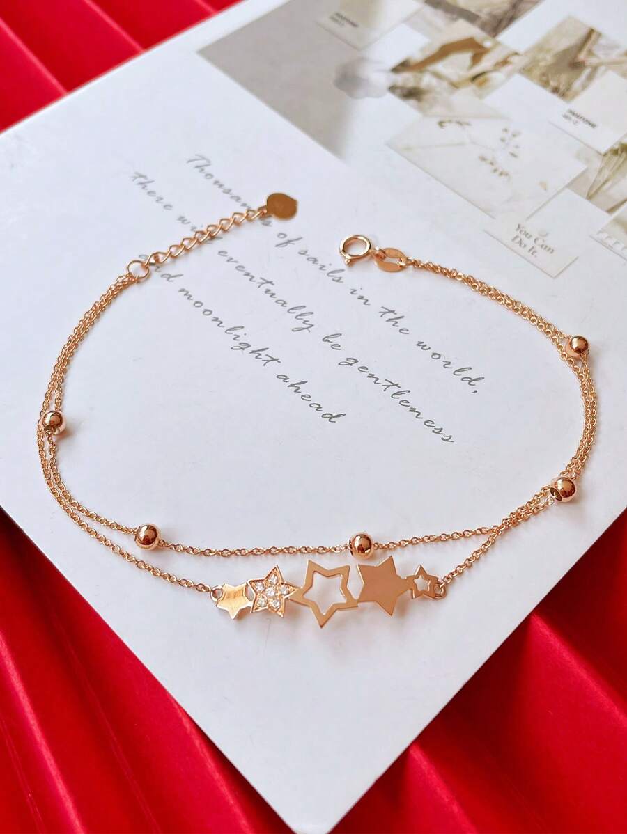 1 pieza Pulsera de cadena de doble capa con estrella de cinco puntas de zirconia cúbica elegante de plata esterlina S925 original, adecuada para uso diario, festivales, fiestas, regalo de joyas para mujeres