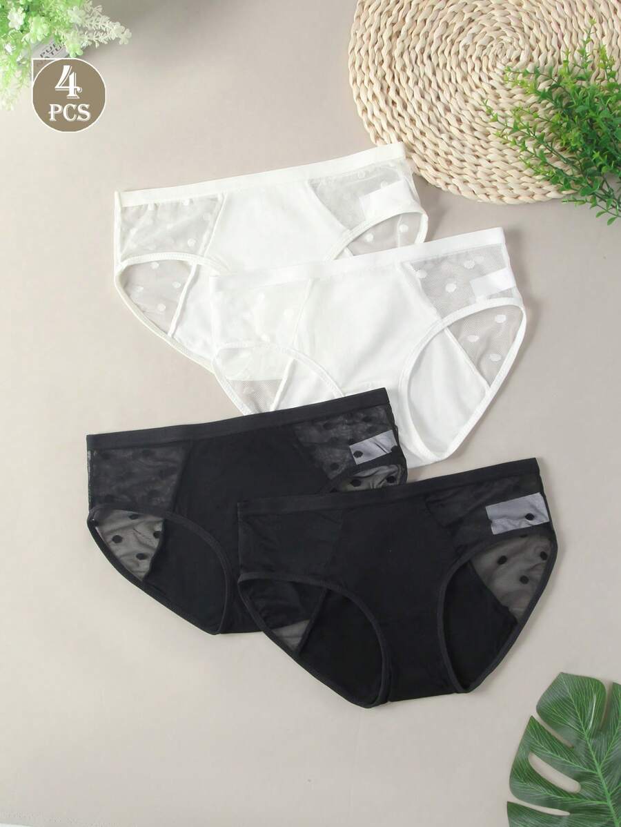 4 pièces Culottes taille basse sexy style triangle en maille transparente de couleur unie pour femmes. Série ultra fine en maille semi-transparente, modèle simple et personnalisé pour l'été.