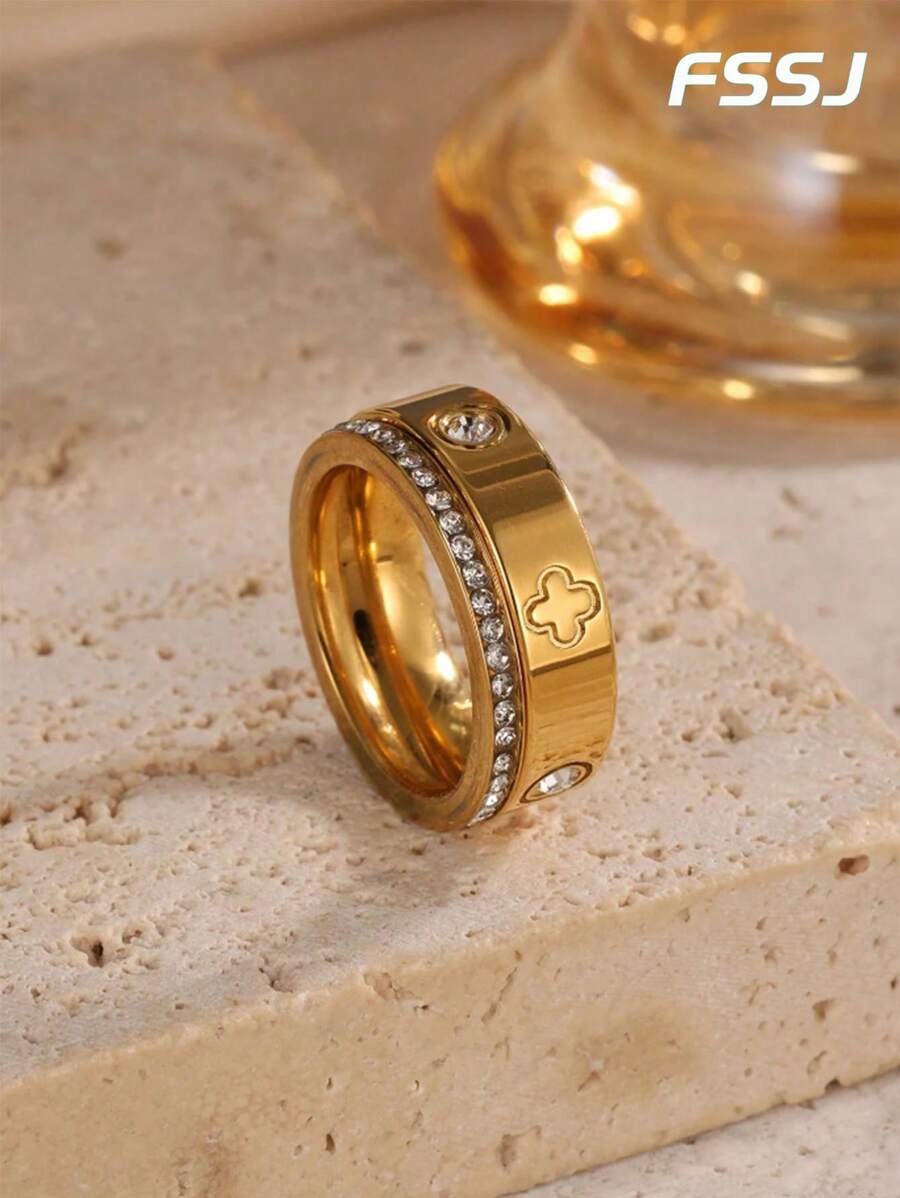 2pcs Set 18K Gold Plated Stainless Steel Clover Design Cubic Zirconia Rings, Waterproof & Fade Resistant, Suitable For Women Everyday Wear, Party, Holiday Gift