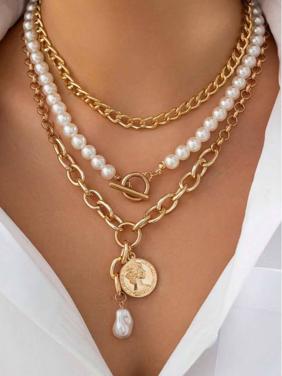 3 pièces set de pièces de monnaie métalliques à la mode, têtes de beauté, boucles OT, collier pendentif en forme de cœur, ensemble de chaîne multi-couches simple avec perles pour le collet, ensemble de bijoux pour femmes, bijoux d'été pour la plage, convient pour les fêtes, les cadeaux aux amis et à la famille, le port quotidien