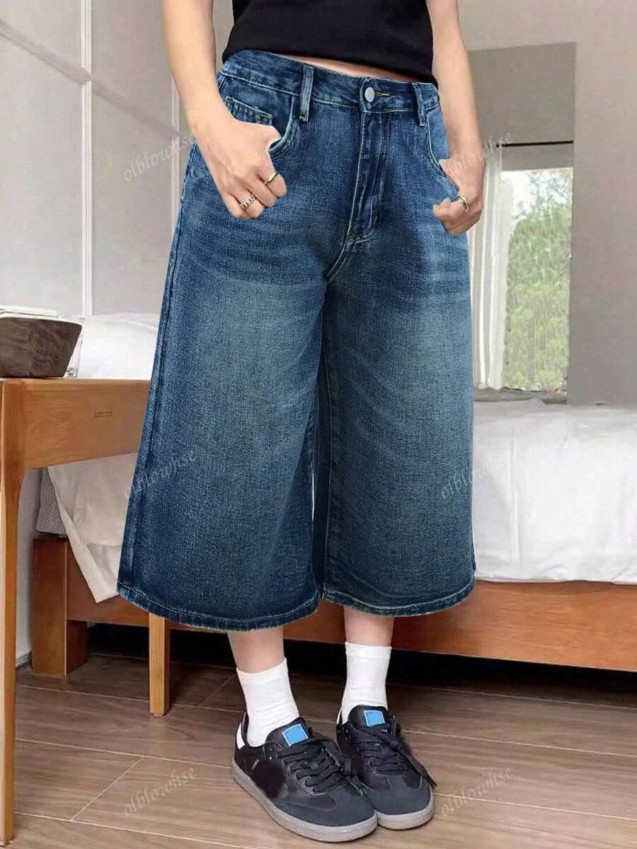 Y2K Street Vintage Washed Cat Whiskered Pocket Wide Leg Bermuda Jeans Denim Jorts Casual Shorts Cropped Trousers Fall Clothes
