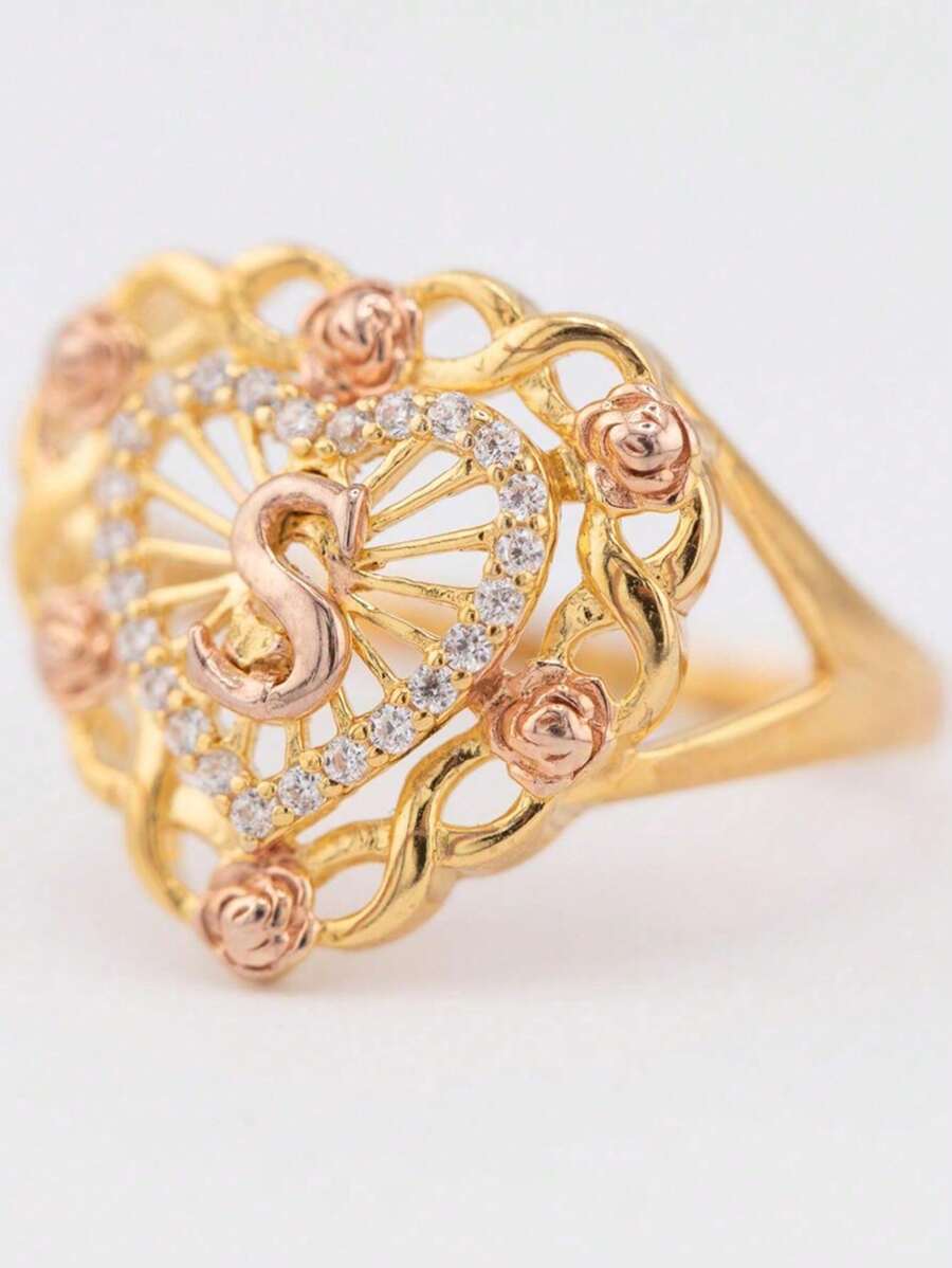 1 anel vazado com letra, coração vazado e flor rosa, anéis elegantes e estilosos de cobre dourado, adequados para uso diário feminino, adequados para encontros, férias na praia, festas, presentes, presentes de feriado, joias