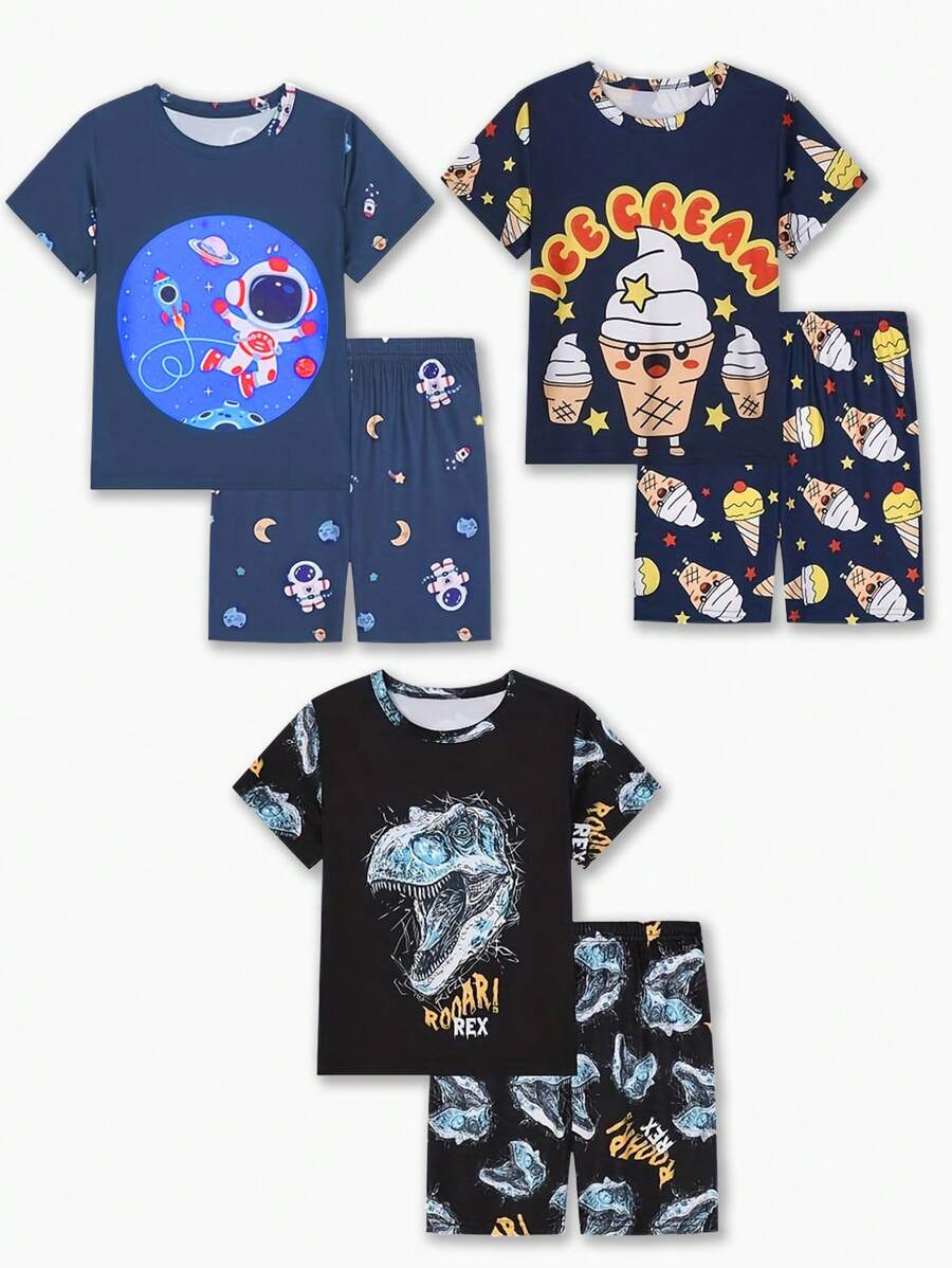 3 sets, 6 piezas/set Pijama de camiseta de manga corta y pantalón corto con estampado de dibujos animados para niños, ropa de dormir informal