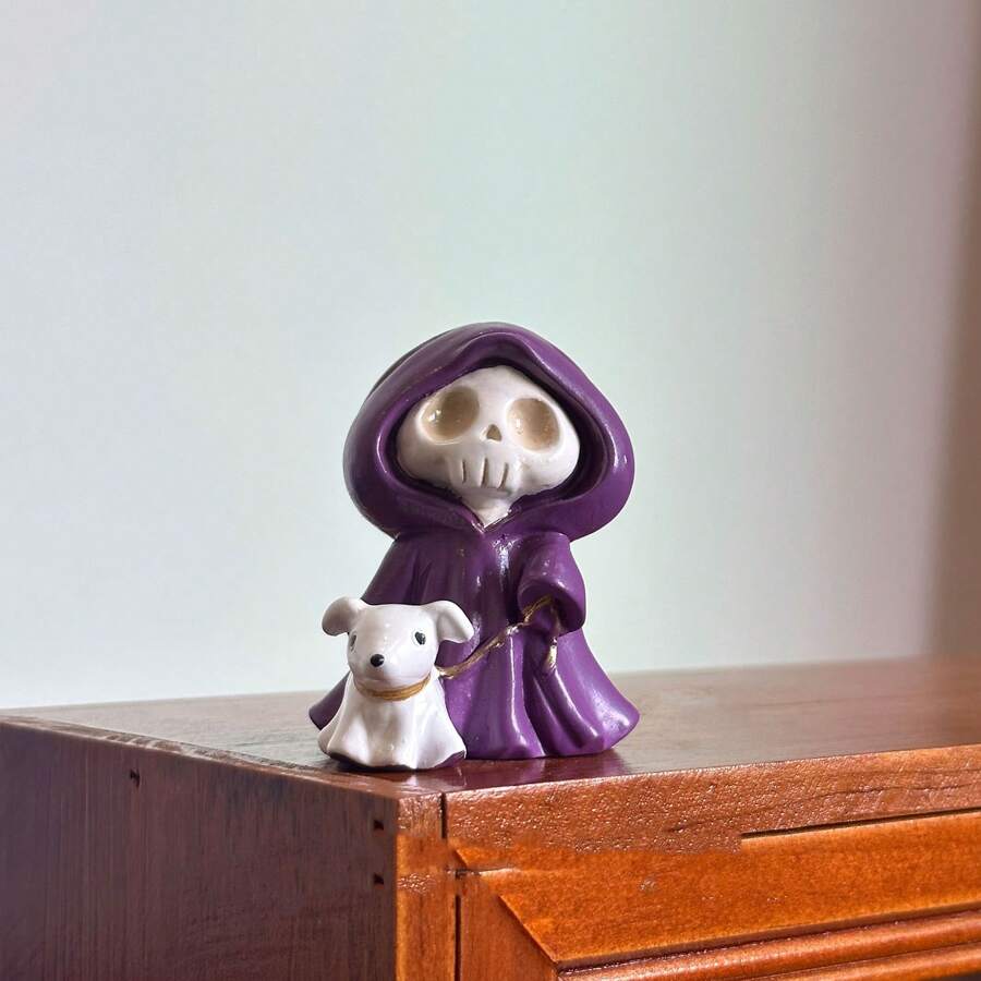 1pc Cute Skeleton Grim Reaper Statue With Walking Dog Ghost Statue Walking Dog Middle Finger Statue Halloween Home Desktop Decor Fun Room Decor Perfect Gift Halloween Accessories Home Decor Halloween Decor Autumn Decor