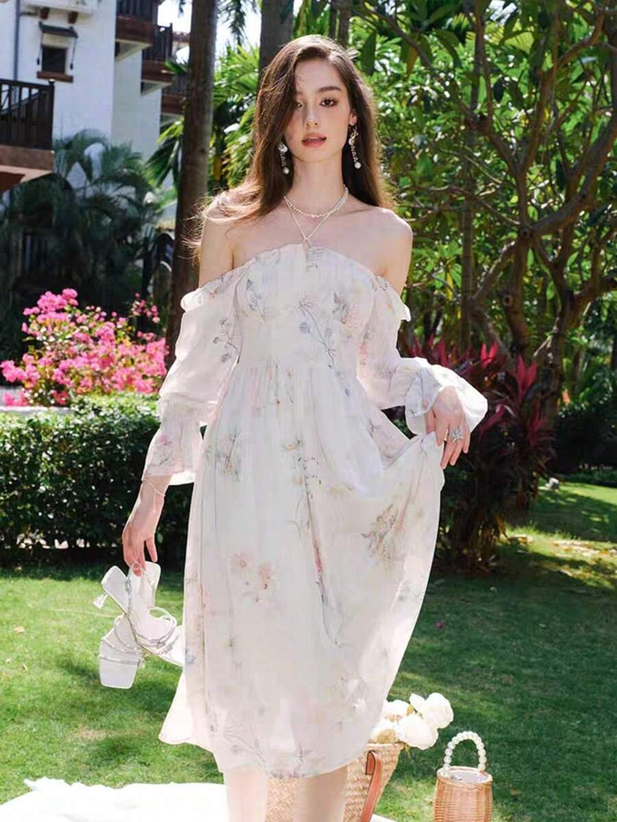 Square Neck Chiffon Floral Print Long Dress With Lantern Sleeves, Elegant Ruffle Hem, Long Sleeve French Dresses