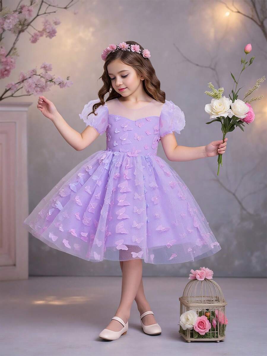 Young Girls' Round Neck Butterfly Net Tulle Elegant Party Princess Dress, Suitable For Flower Girl, Birthday, Outing, Excludes Hair Accessory