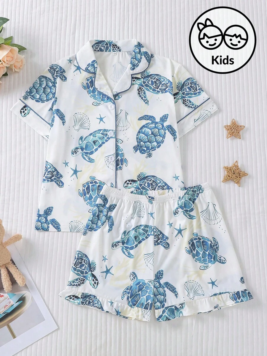 2 piezas Conjunto de pijama para niños, nueva ropa de verano de manga corta tipo cardigan informal, lavable con estampado de tortuga marina azul, adecuado para niños y niñas mayores