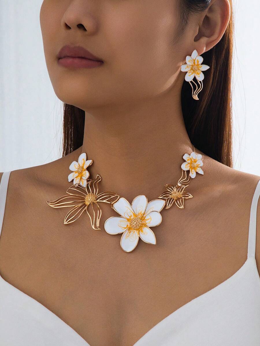 Conjunto de 3 peças de colar e brincos com pingente de flor esmaltada elegante, adequado para mulheres como uso diário ou presente de feriado