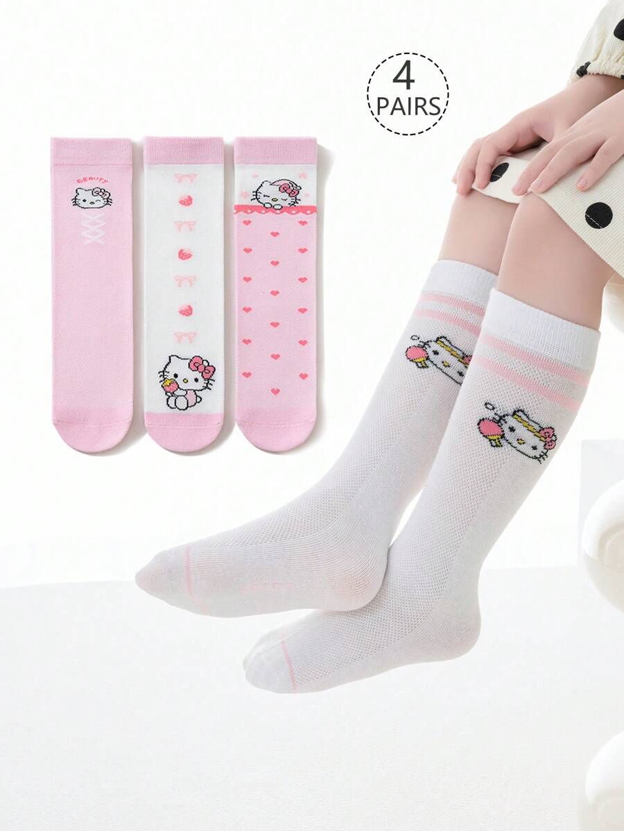 Sanrio 4 Pairs Kid Girls Knee High Socks, Hello Kitty, Mesh, Pink&White, Heart Thigh High, Cute School Style, Thin, Suitable For Students, Everyday, Back To School Season, New Semester, Classroom, Festival Matching, Can Be Paired With Lolita Skirt