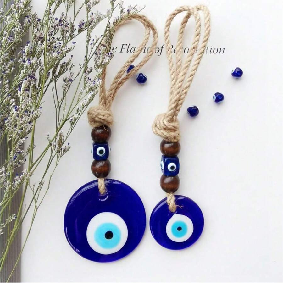 1pc Handcrafted Blue Eye Amulet - Turkish Evil Eye Pendant | Blue Glass Wall Hanging | Protective Talisman For Home, Bag & Car Decor | Unique Gift With Brown Wooden Beads