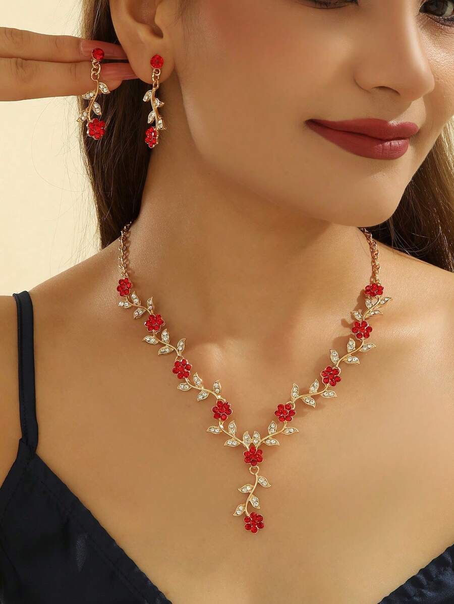 Conjunto de 3 piezas de aretes y collar de novia vintage con incrustaciones de con diseño de flor de ciruelo