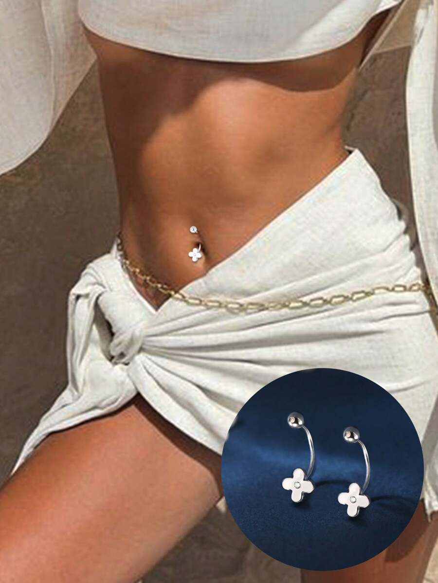 Clavo de ombligo de flor de plata de ley 999, estilo minimalista, hebilla de ombligo de moda y versátil para mujer, apta para el uso diario