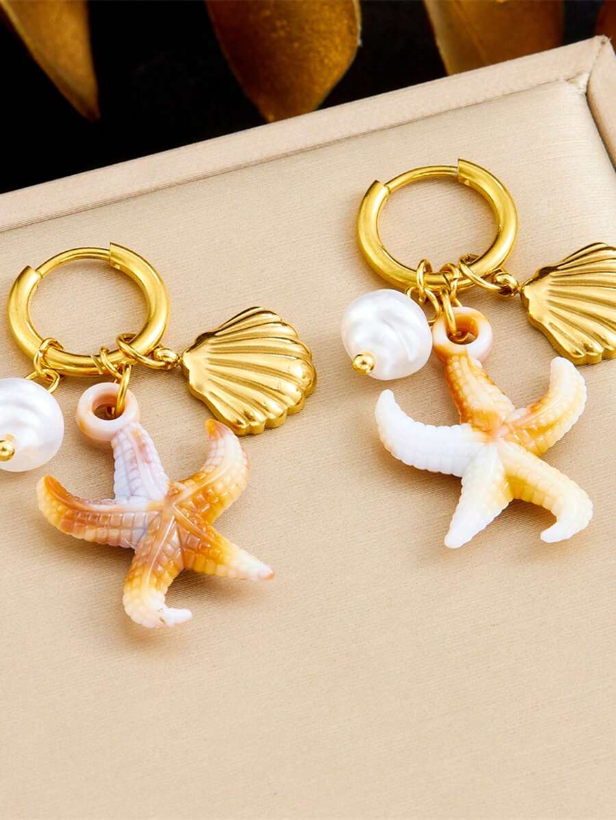 1 par de pingentes de pérola estrela-do-mar em aço inoxidável banhado a ouro, acessórios para brincos redondos pendurados