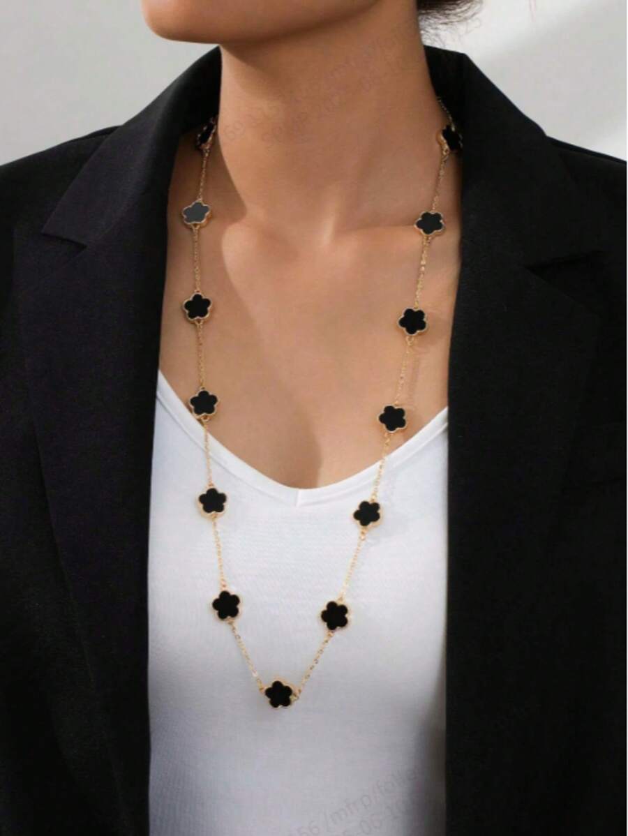 1 peça colar longo com pingente de trevo da sorte preto elegante para mulheres, uso diário versátil