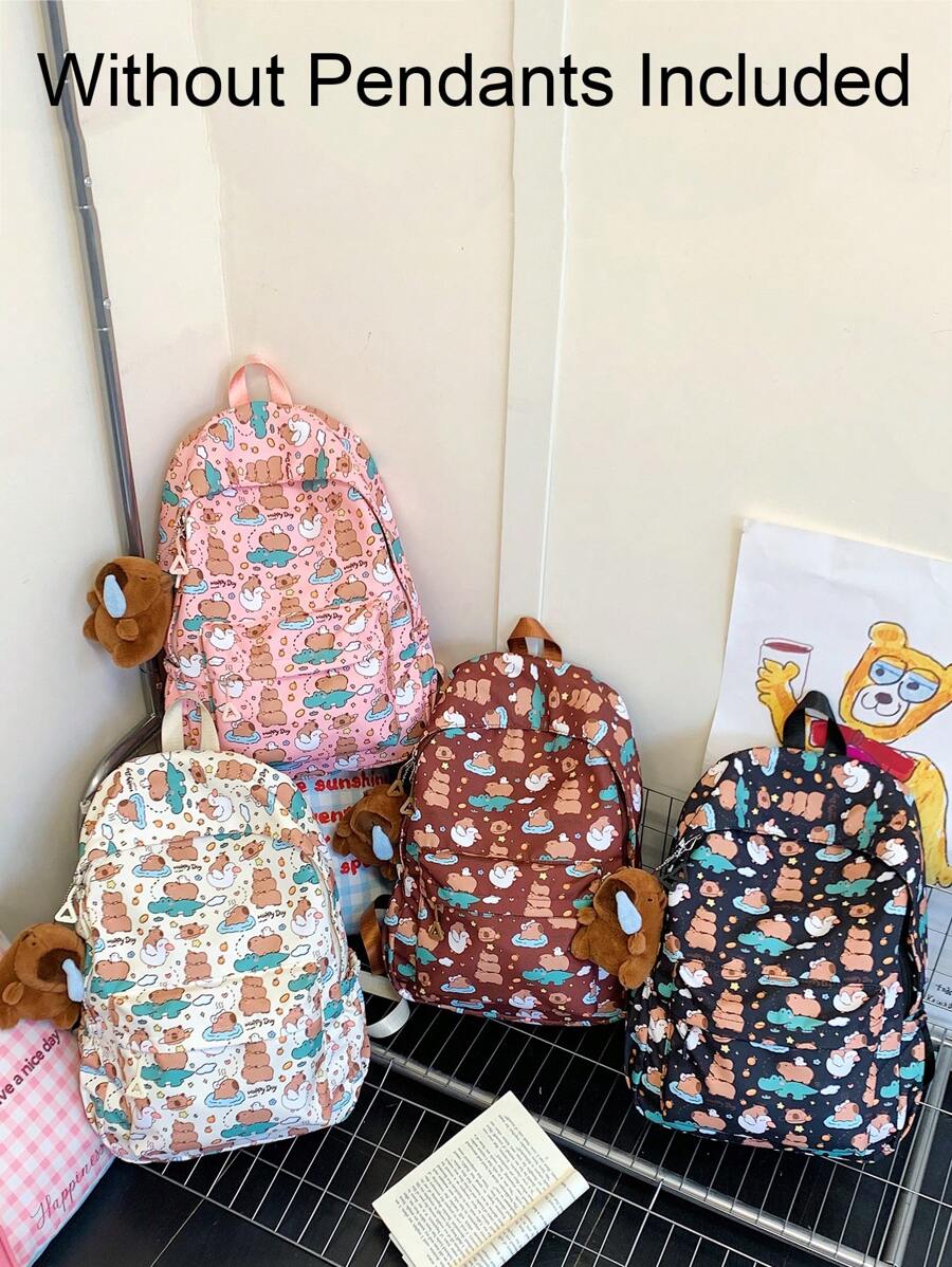 1 pieza Nueva mochila de nailon con diseño de Carpincho de dibujos animados para niñas, cierre con cremallera, correas ajustables, linda bolsa escolar casual para actividades al aire libre, viajes y regalos festivos