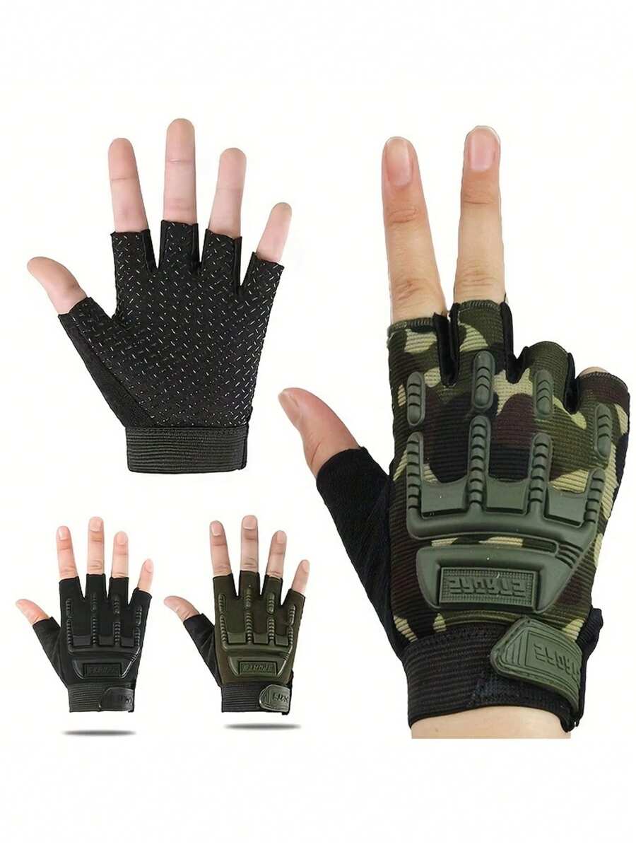 1 Par de Guantes de Medio Dedo para Niños de Verano - Resistentes al desgaste, Antideslizantes, Guantes para Deportes al Aire Libre, Apropiados para Patinaje, Correr, Senderismo - Negro, con Diseño Verde y de Camuflaje, Tejido de Punto, Cremallera, Equipo para Exteriores | Guantes de Camuflaje | Textura de Punto, Guantes para Niños