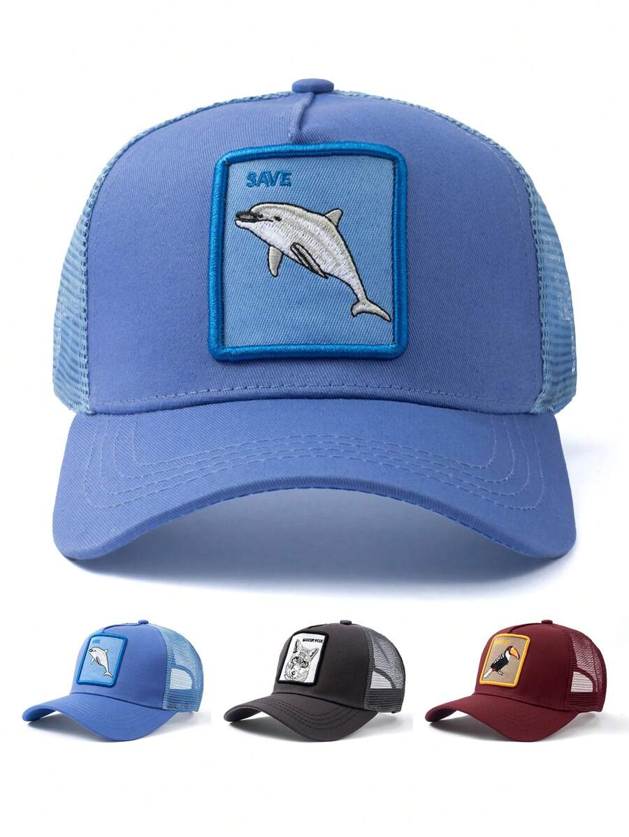 1pc Polyester Casual Sports Animal Embroidery Anti-UV Mesh Cap, Versatile Unisex Hat For All Season