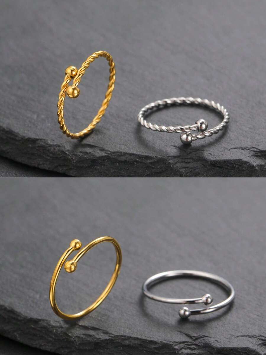 LIKGREAT 1 Pc Women's Stainless Steel Double-Ended Spiral Ball Adjustable Open Ring, Fashionable Minimalist Design, Gift