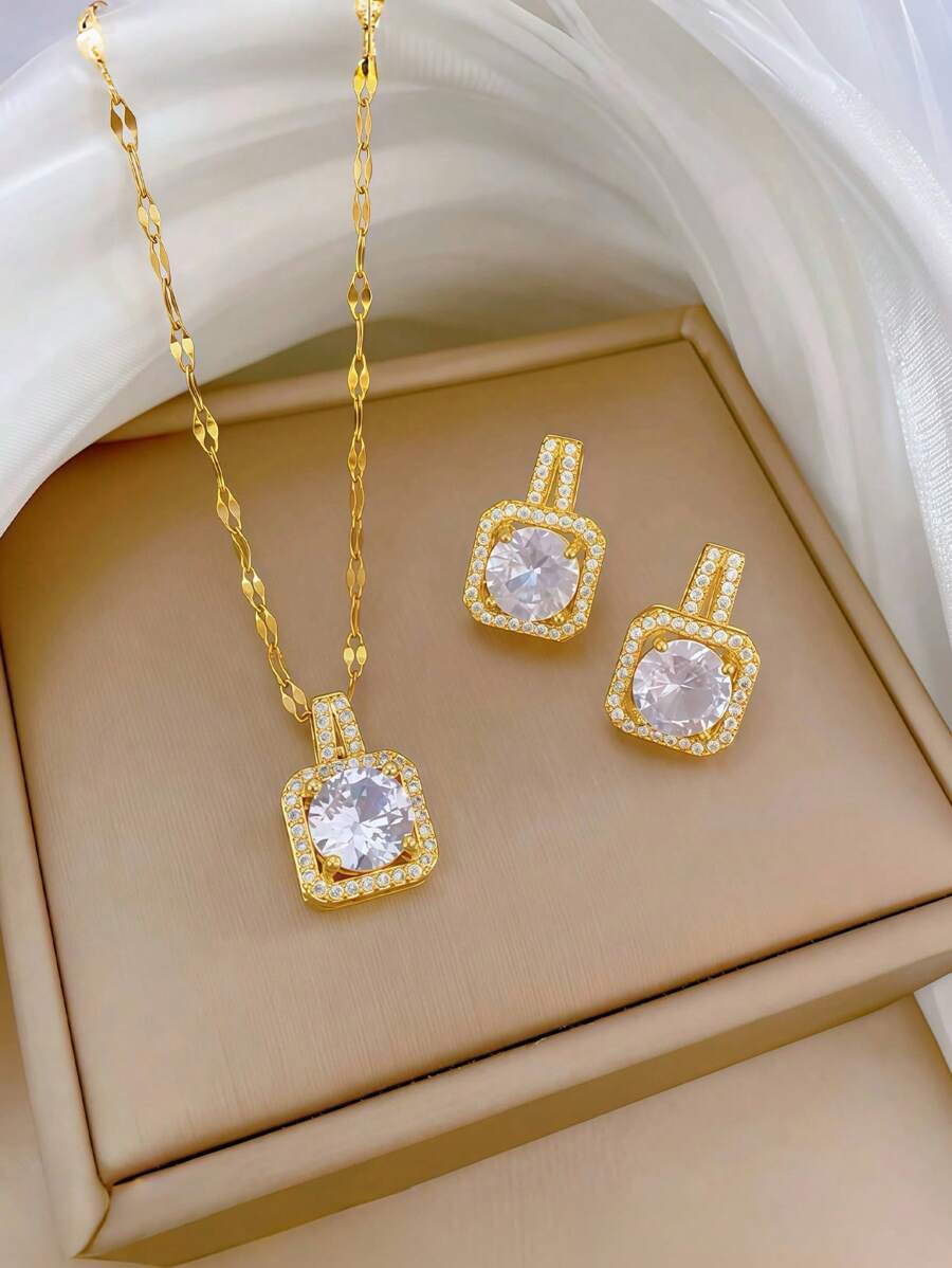 4 Pièces Collier, Boucles D'oreilles, Bague Carrés En De Luxe, Ensemble Approprié Pour Les Accessoires De Robe De Soirée