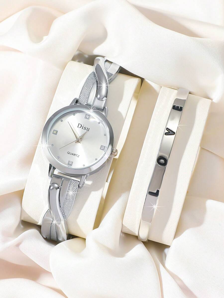 DISU 1 Pair Disus Women Stainless Steel Diamond-Studded Quartz Watch With Classic Silver Band & 1 Gold "Love" Bracelet, Suitable For Daily Wear