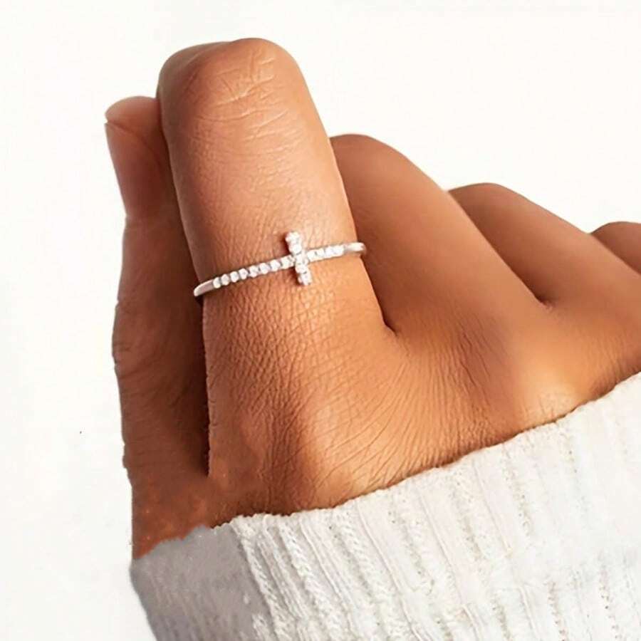1 pieza Anillo elegante y exquisito de moda para mujer, incrustado con brillante circonita cúbica sintética - Un precioso regalo de joyería para tu ser querido, regalo festivo