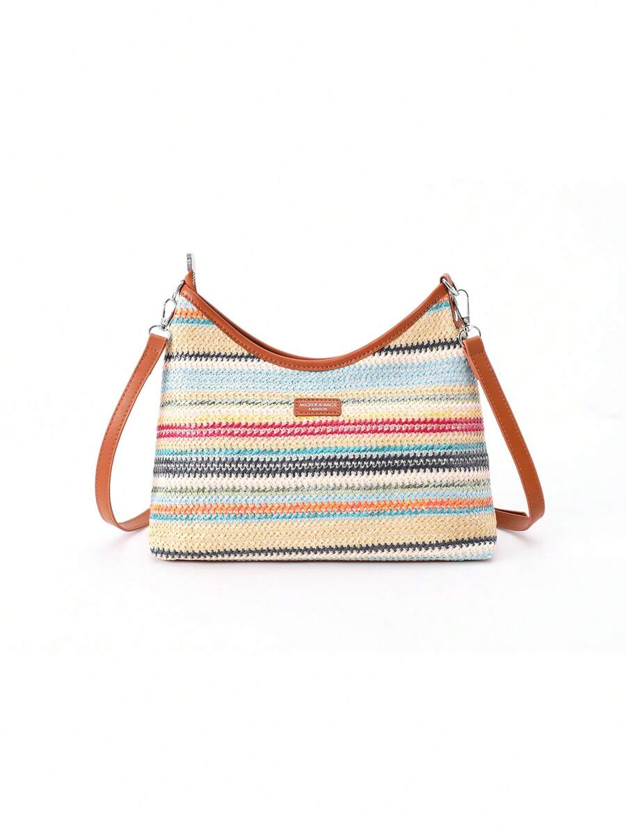 Fashionable Women's Adjustable Strap Multicolor Woven Crossbody Bag, Scratch-Resistant And Durable Fabric, Bohemian Style Weaving Purse Suitable For Commuting And Casual Outfit