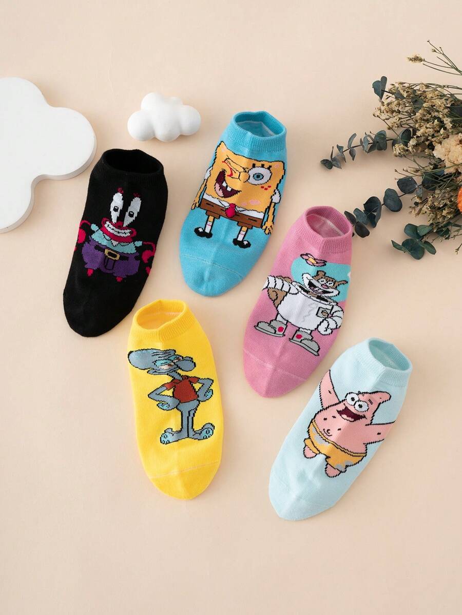 SPONGEBOB 5 Pairs Cartoon Spongebob Series Print Patterned Crew Socks For Kids, Cute Colorful Breathable Comfortable Athletic Socks, Suitable For Everyday Wear, Premium Fabric, All Season