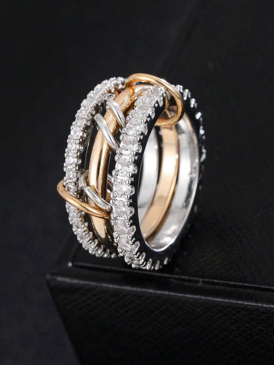 1 pieza Anillo de tres capas con estilo de lujo, incrustado con microcubos de circonita cúbica de cobre, joyería de moda adecuada para adolescentes y adultos, mejor regalo para familiares y amigos