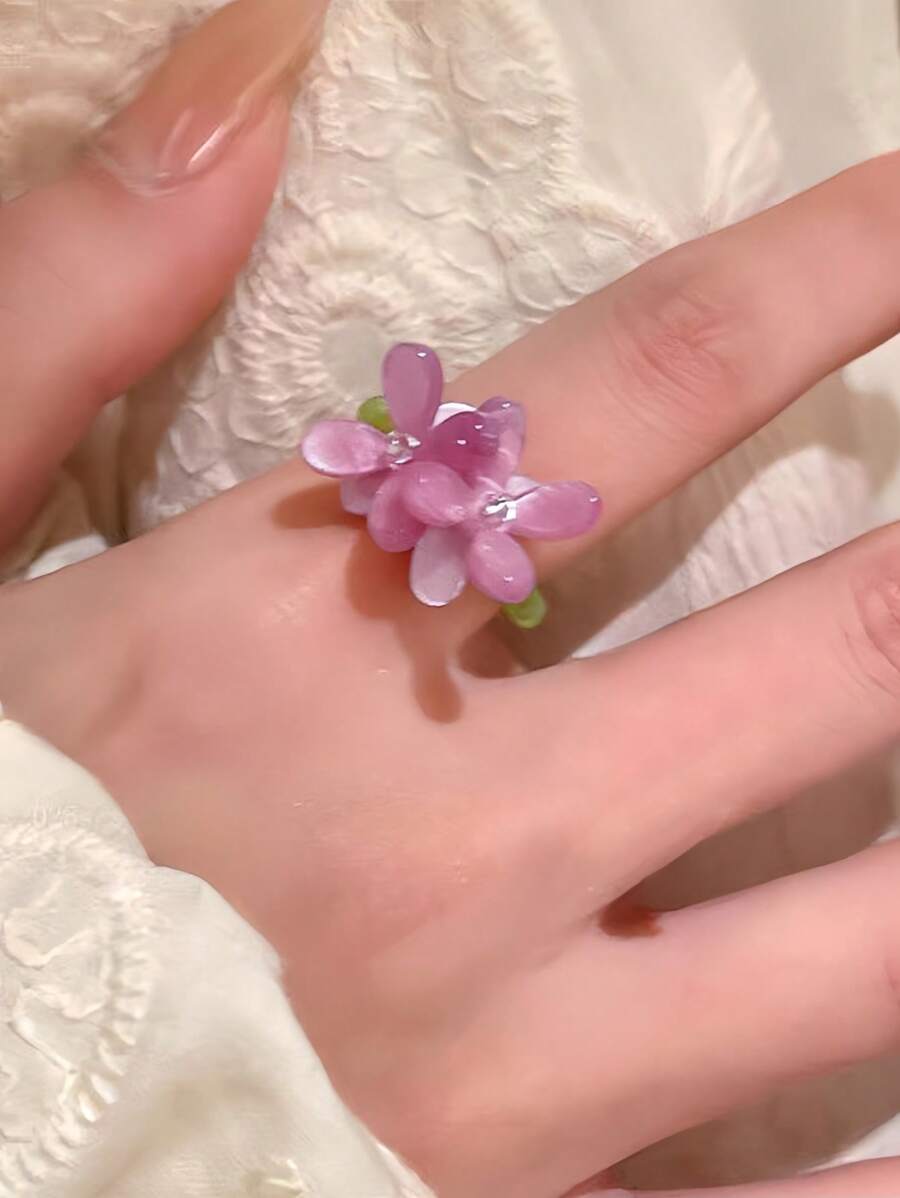 1 pieza Anillo elástico con flores de violeta dulce decoradas con cuentas, adecuado para uso diario, fiestas y eventos de las mujeres