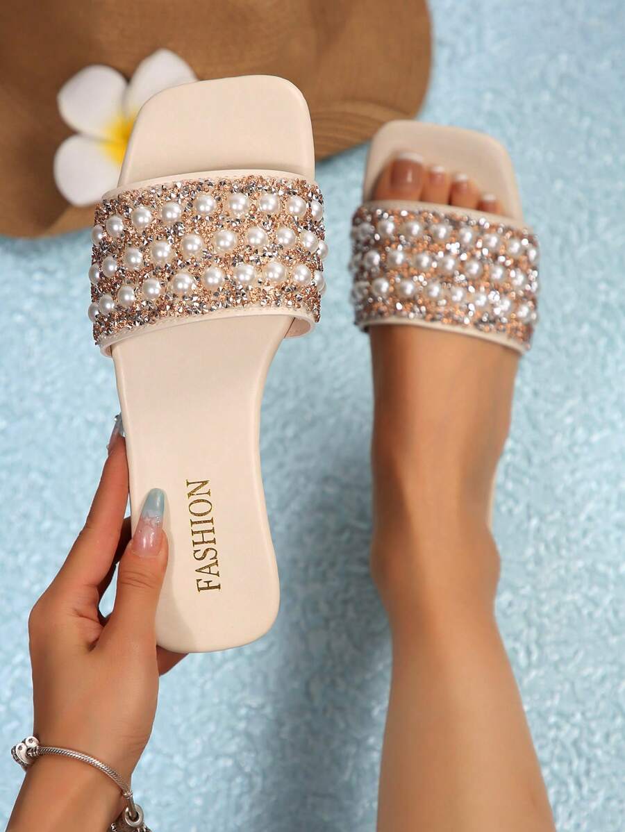 Nuevos Chanclas/Zuecos de talla grande 2025 con punta cuadrada, sin deslizamiento, con aplicaciones de cristales y perlas, versátiles para la playa/resort
