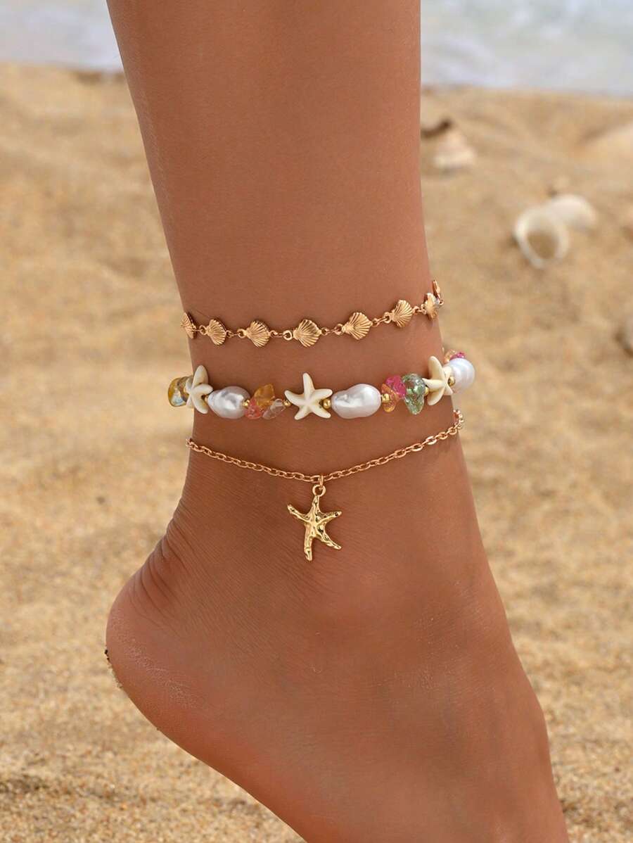 3 pièces/set Style bohème Chaîne faite main couleur or coquillage, mode faux perle pierre colorée pendentif étoile de mer, ensemble de bijoux de cheville pour femmes, convient pour la plage, les vacances, le décontracté, la tenue de rencard