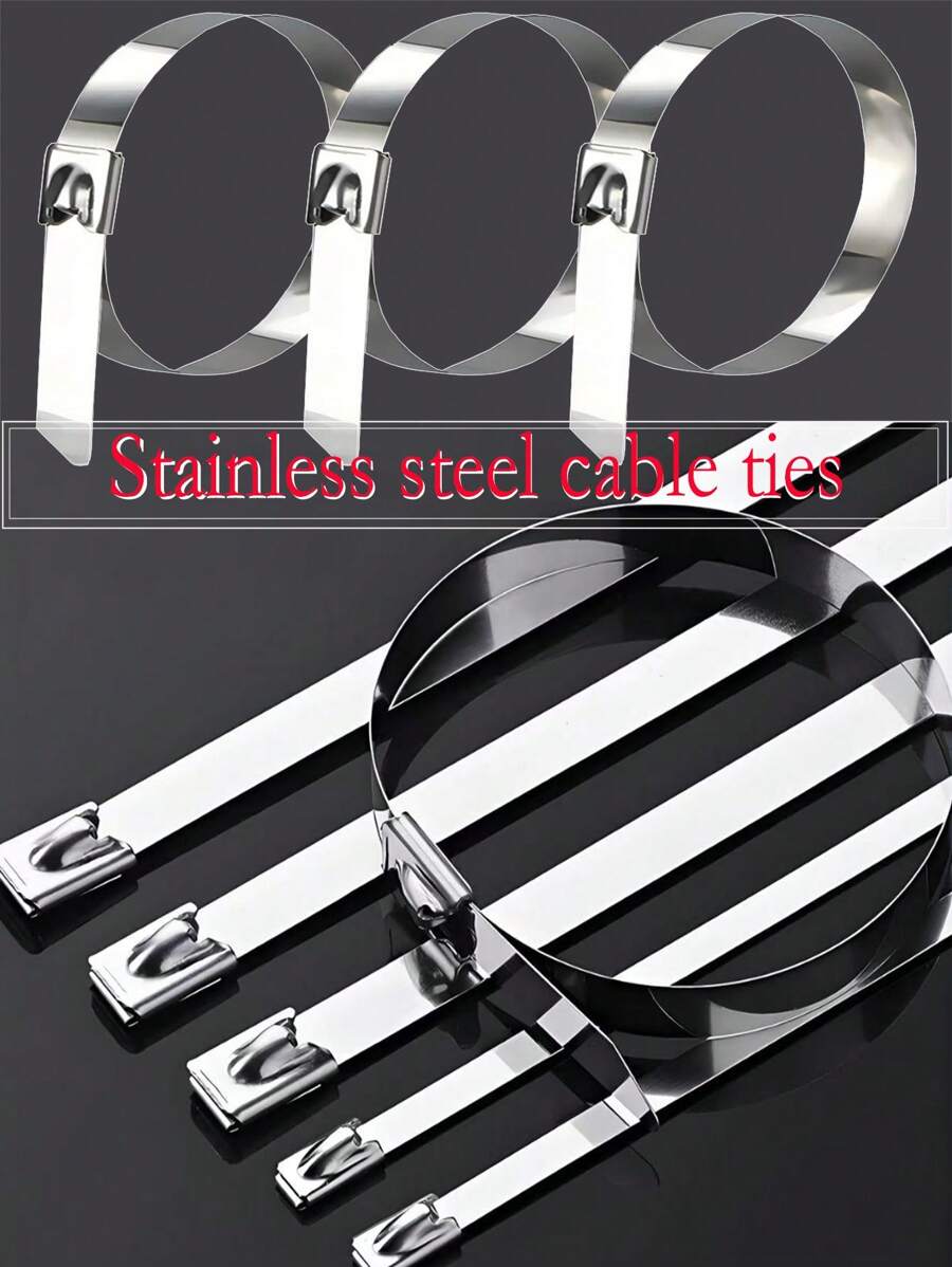 100pcs Stainless Steel Self-Locking Cable Ties, Rust-Proof, Corrosion-Resistant, High Temperature Resistant, Industrial Metal Zip Ties