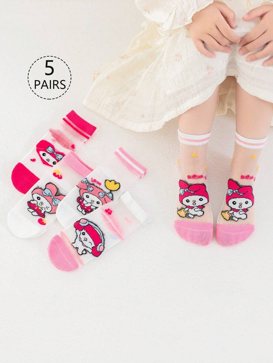 Sanrio 5 Pairs Girls Short Socks, Melo-Dy Baby Boat Socks, Pink Tones, Rabbit, Ice Cream Cartoon Patterns, Cute Casual Style, Thin For Summer, Suitable For Students, Daily, Holidays, Back To School, New Semester, Classroom, Can Be Paired With Skirts, Casual Pants