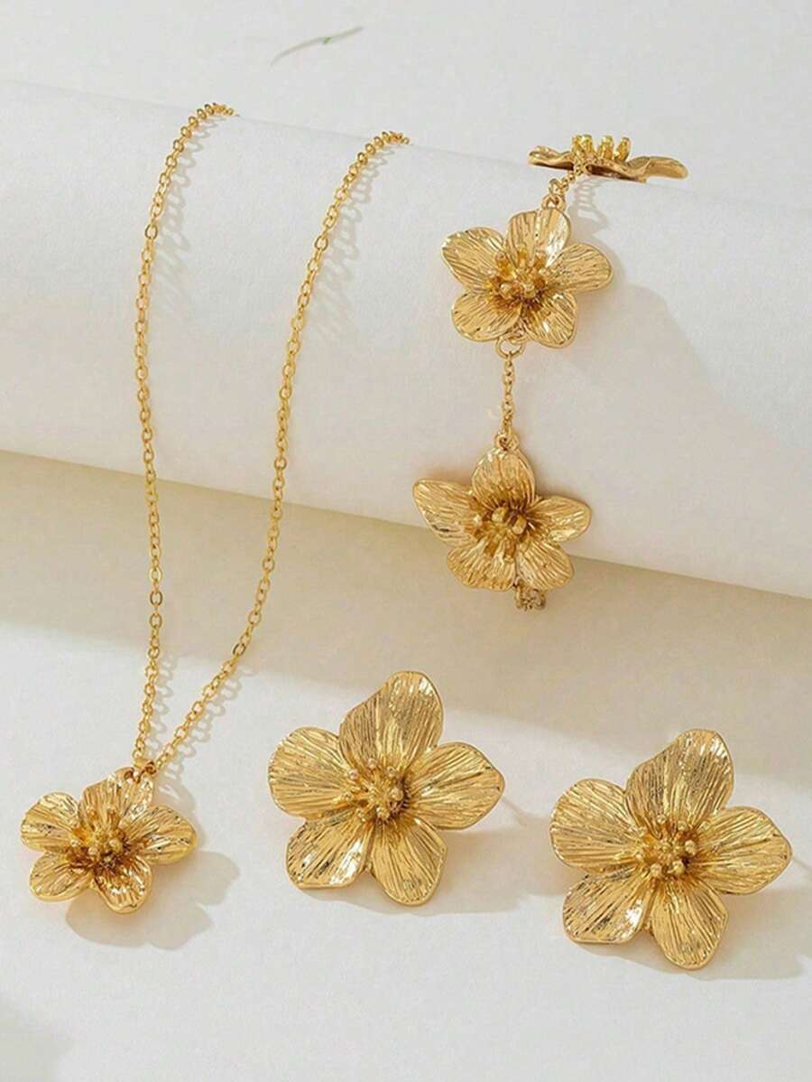 3 pièces/set Ensemble de bijoux à fleurs à la mode - collier pendentif fleur dorée, bracelet et boucles d'oreilles, convient pour le quotidien, les festivals, les sorties des femmes. Cadeau réfléchi pour les amis et la famille