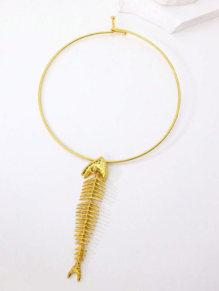 1 pieza Collar gargantilla de hueso de pez exagerado y elegante en color dorado, adecuado para banquetes, fiestas y uso diario