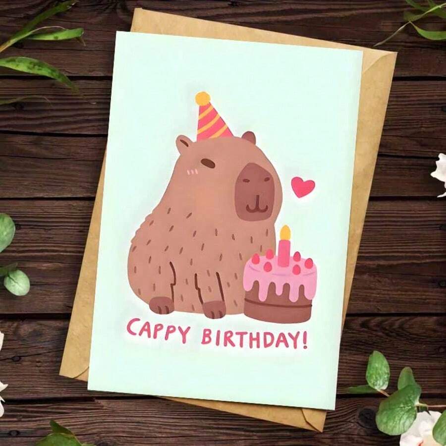 1pc Unique Capybara Birthday Greeting Card With Envelope - Adorable Capybara & Cake Design, Humorous "CAPY BIRTHDAY!" Text, Suitable For Family, Friends, Colleagues, Parties And Celebrations, Creative & Cheerful Party Card, School Supplies,Back To School